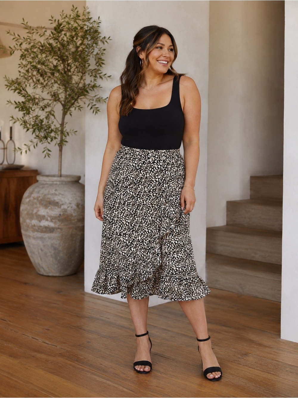 Banana Republic Factory Black and White Animal Print Ruffle Faux Wrap Skirt 12